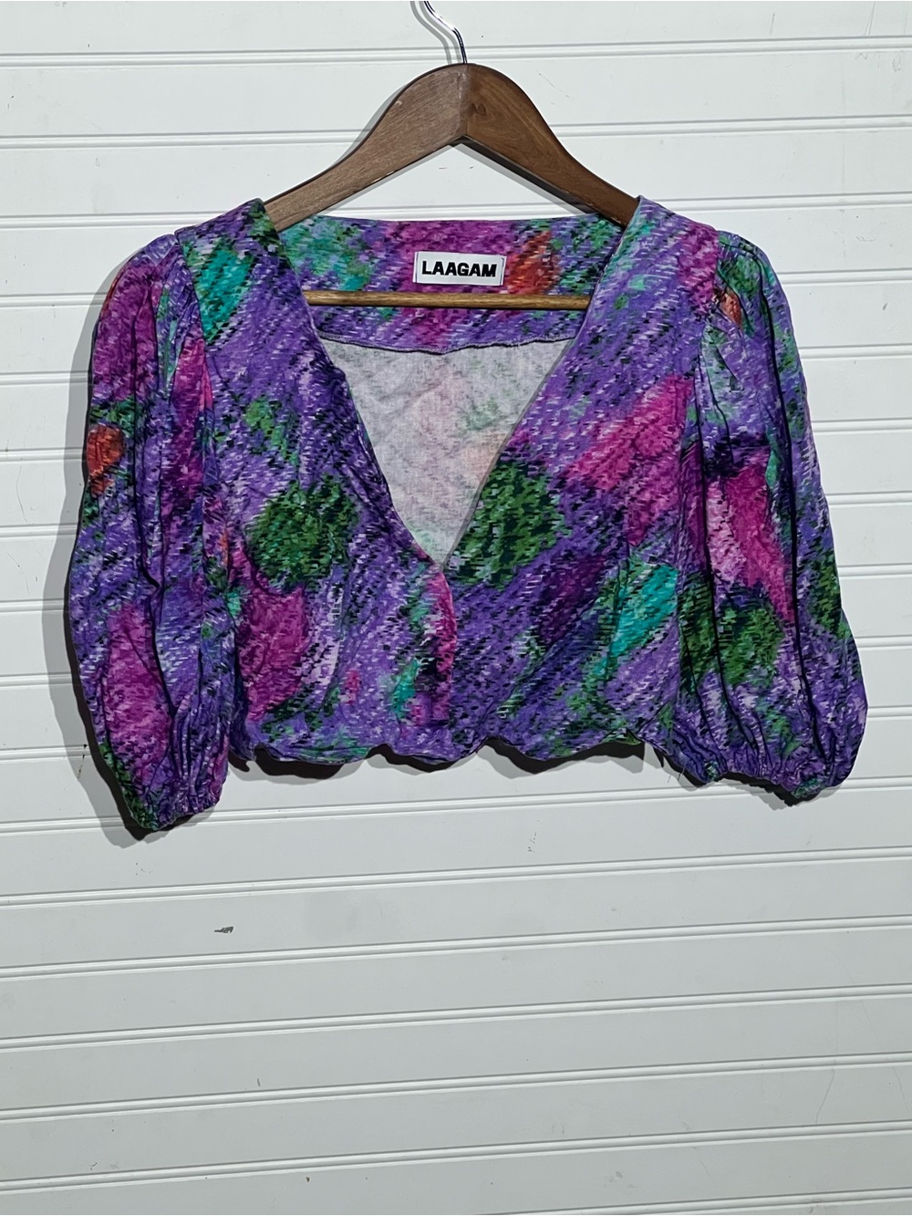 Laagam Syrah Purple/Multicolored Abstract Linen Viscose Blend Crop Top Festival